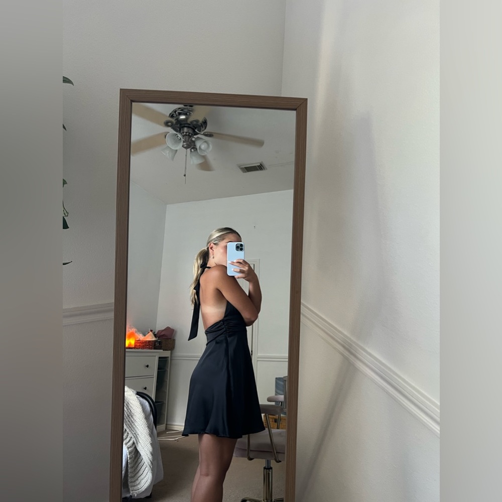 Black Silk Formal Dress with Plunging Neckline and Open Back. Size Small - Picture 2 of 6